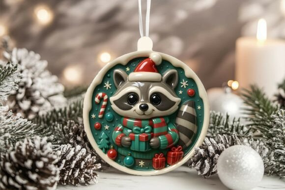3D Porcelain Raccoon: Festive Illustrations