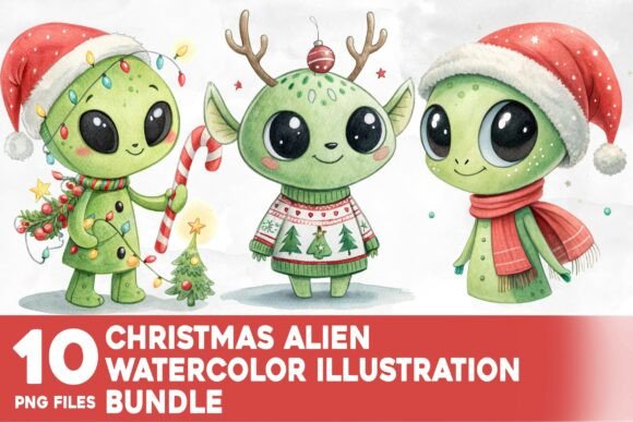 Christmas Alien Watercolor Bundle: Unique Illustrations