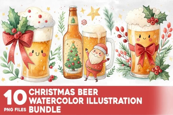 Christmas Beer Watercolor Bundle: Festive Illustrations