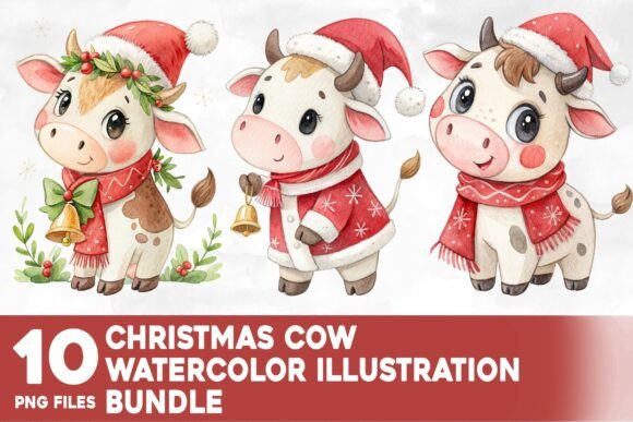Christmas Cow Watercolor Bundle: Festive Illustrations