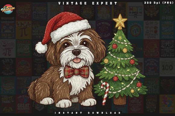 Christmas Dog with Tree Yarn Crochet PNG: Illustrations for Branding