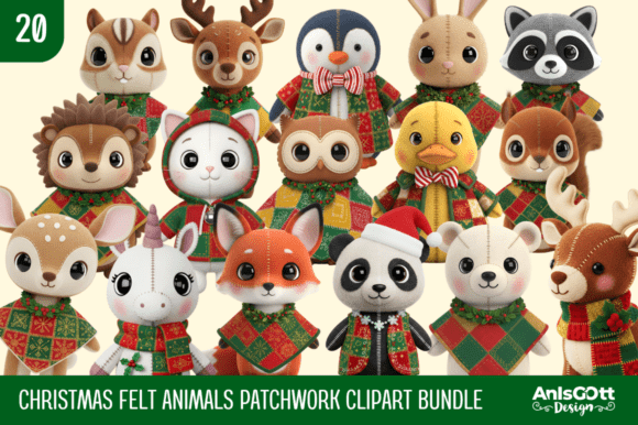 Christmas Felt Animals Patchwork Clipart: Editorial Illustrations