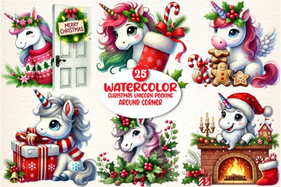 Christmas Unicorn Peeking Corner Illustrations