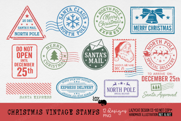 Christmas Vintage Stamp PNG Bundle: Illustrations