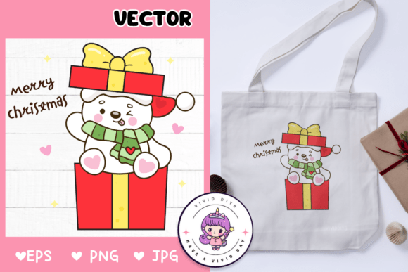 Cute Polar Bear on Christmas Gift Kawaii Illustrations