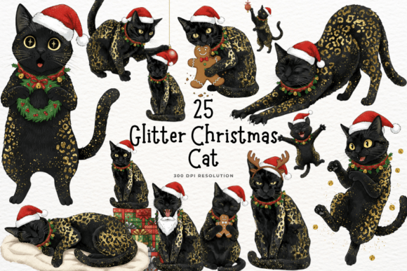 Glitter Christmas Cat Clipart for Illustrations