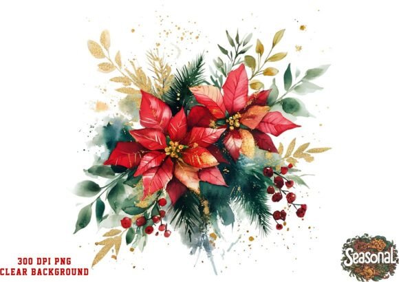 Poinsettia Leaf Christmas Bouquet PNG: Illustrations