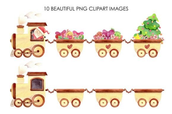 Watercolor Christmas Train PNG Set: Illustrations