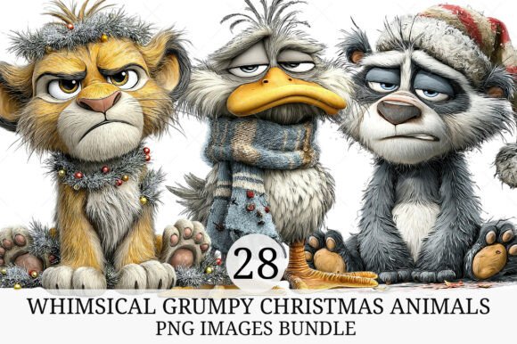 Whimsical Grumpy Christmas Animals Illustrations